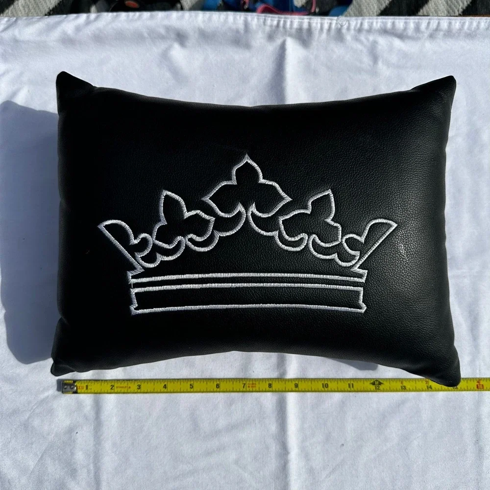 Crown Throw Pillow 14x9 Black Faux Leather‎ White Embroidered Regal